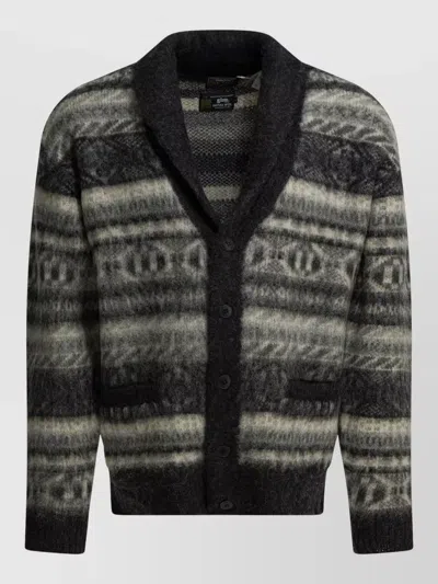 BEAMS WOOL CARDIGAN SHAWL COLLAR PATTERNED POCKETS