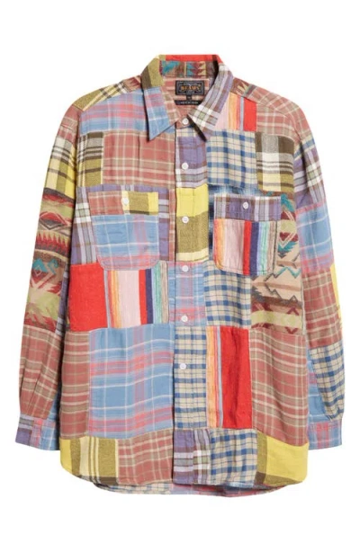 Beams Work Patchwork Flannel Button-up Shirt In Blue/pink/white