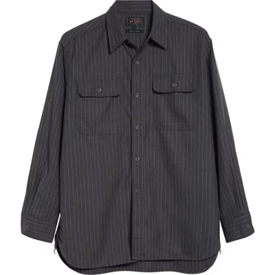 Beams Work Uniform Pinstripe Serge Button-up Shirt In Blue