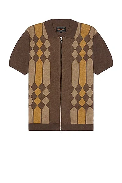 Beams Zip Knit Polo Stripe In Brown