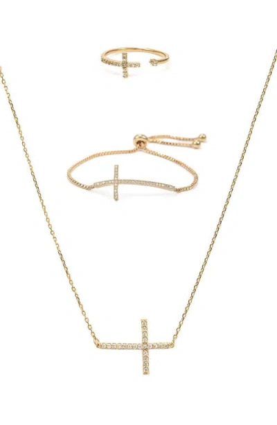 Bearfruit Jewelry Horizontal Cross Adjustable Bracelet, Necklace & Ring Set In Gold