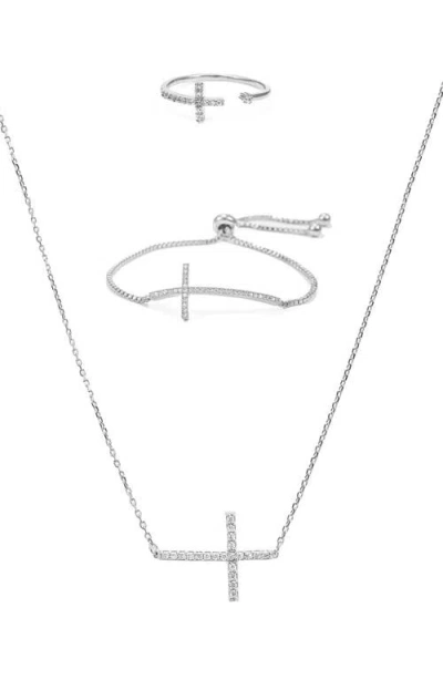 Bearfruit Jewelry Horizontal Cross Adjustable Bracelet, Necklace & Ring Set In Metallic