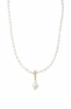 Bearfruit Jewelry Nacre Cultured Pearl Necklace With Teardrop Shaped Charm Pendant In Gold