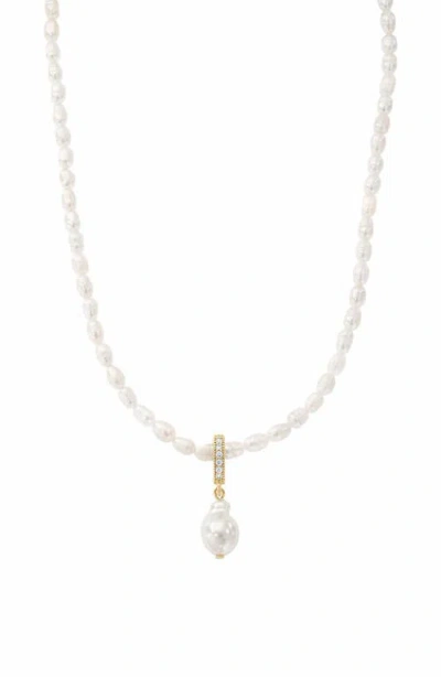 Bearfruit Jewelry Nacre Cultured Pearl Necklace With Teardrop Shaped Charm Pendant In Gold