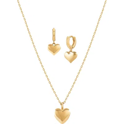 Bearfruit Jewelry Puffed Heart Necklace & Huggies Set In Gold