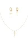 Bearfruit Jewelry Sterling Silver 18k Gold Plated Ariel Cross Necklace & Mismatching Cross Earrings  In Gold