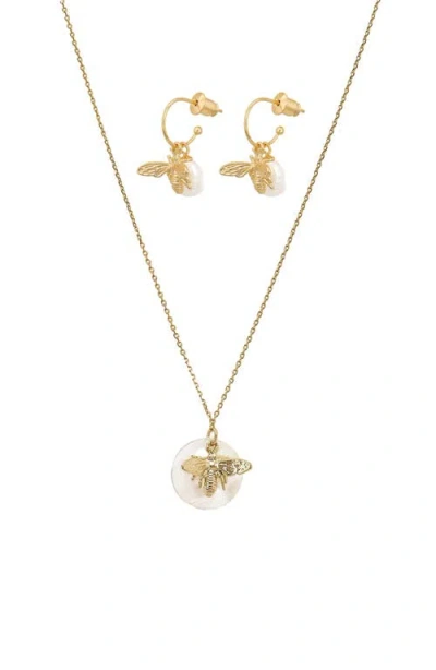 Bearfruit Jewelry Sterling Silver 18k Gold Plated Bee Cultured Pearl Necklace & Earrings Set