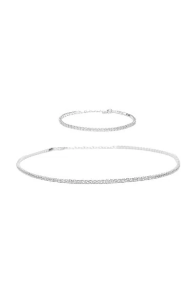 Bearfruit Jewelry Sterling Silver 18k Gold Plated Cherie Tennis Necklace & Bracelet Set In Metallic