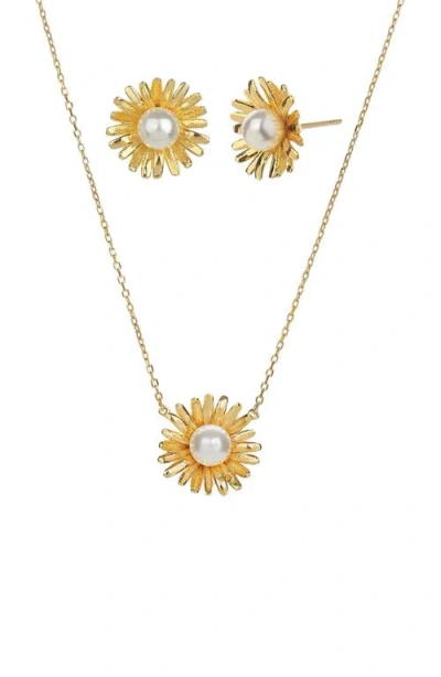 Bearfruit Jewelry Sterling Silver 18k Gold Plated Flora Culture Pearl Necklace & Stud Earrings Set