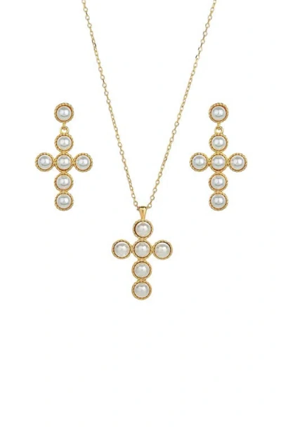 Bearfruit Jewelry Sterling Silver 18k Gold Plated Victoria Cross Cultured Pearl Necklace  & Earrings
