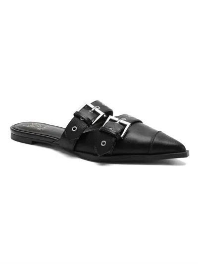 Beast Fashion Women's Double Buckle Strap Pointed Toe Flat Mules In Black