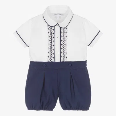 Beatrice & George Babies' Boys Blue Cotton Hand-smocked Buster Suit