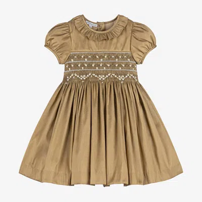 Beatrice & George Kids' Girls Gold Hand-smocked Dupion Dress