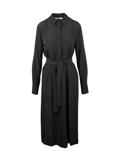Beatrice B Button-down Midi Shirt Dress With Self-tie Belt And Textured Panel Details In Black