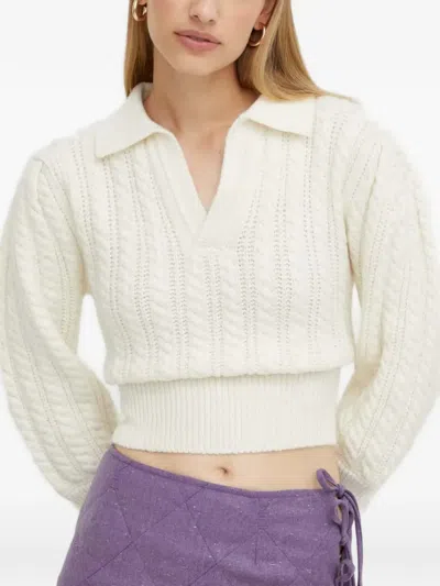 Beatrice B Cable-knit Polo-collar Sweater In White