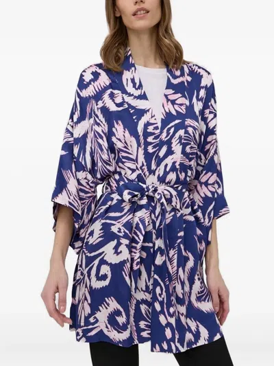Beatrice B Leaf-print Belted Top In Blue
