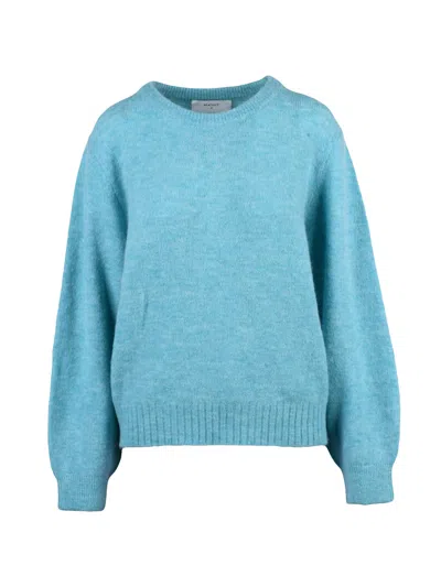 Beatrice B Light Blue Crewneck Sweater With Puffed Sleeves And Heathered Finish