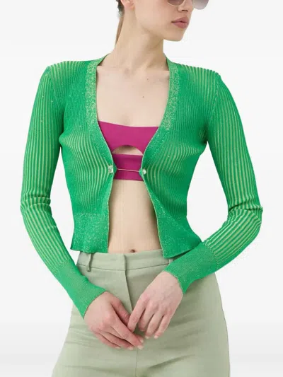 Beatrice B Ribbed-knit Crystal-embellished Cardigan In Green