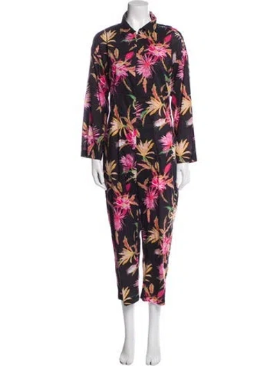 Pre-owned Beatrice Valenzuela Linen Floral Print Jumpsuit In Black