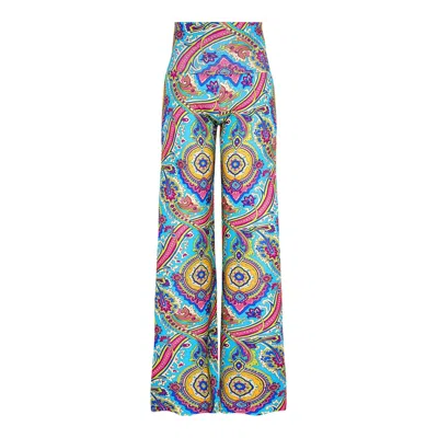 Beatrice Von Tresckow Women's Riviera Paisley Wide Stretch Flare Trousers In Blue/green/pink/yellow