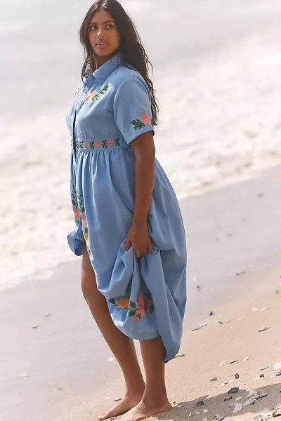 Beau & Ro Elle Cotton Poplin Midi Dress In Blue