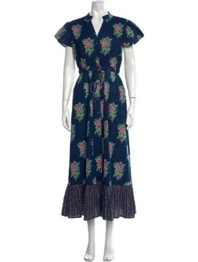 Pre-owned Beau & Ro Floral Print Long Dress In Blue