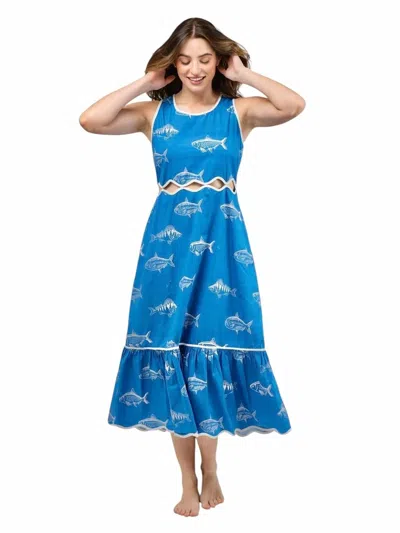 Beau & Ro Lina Midi Dress In Blue Fish In Multi