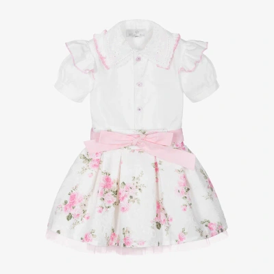 Beau Kid Girls White & Pink Cotton Skirt Set