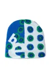 Beautiful Patterned Beanie In A Textured Wool Knit.soft Wool Constructiongraphic Pattern Designcurved Top In Blue