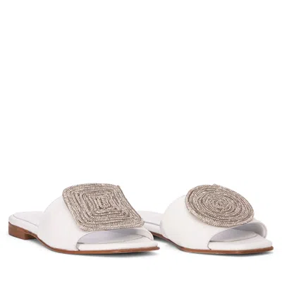 Beautiisoles By Robyn Shreiber Made In Italy Adeline Flat White Leather Women Slide Comfortable & Dressy Wedding & Day & Evening
