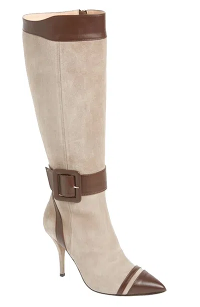 Beautiisoles By Robyn Shreiber Made In Italy Women's Alexis Beige Suede Boot Under Knee High Heel With Buckle Comfortable & Dressy