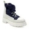 Beautiisoles By Robyn Shreiber Made In Italy Women's Blue / White Francy Navy Leather & Faux Fur Comfortable Hiking Ankle Bootie In Blue/white