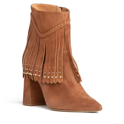 Beautiisoles By Robyn Shreiber Made In Italy Women's Tal Cognac Brown Bootie Suede Fringes With Zipper Elegant & Comfortable For Work & Evening