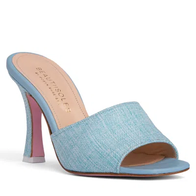 Beautiisoles By Robyn Shreiber Made In Italy Women's Larissa Baby Blue Stiletto Mule Comfortable Elegant Linen & Leather Slide Sandal Work & Even