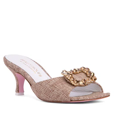 Beautiisoles By Robyn Shreiber Made In Italy Women's Neutrals / Brown Eden Brown Linen & Leather Comfortable Party Dressy Low Kitten Heel Jeweled