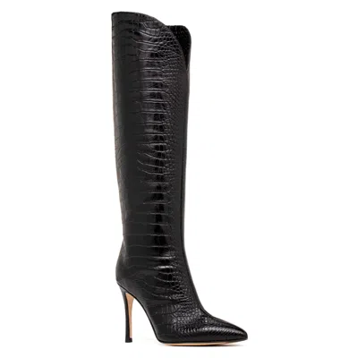 Beautiisoles By Robyn Shreiber Made In Italy Women's Peyton Black Embossed Croc Leather Evening Work Comfortable Heel Knee High Valentine Boot