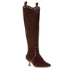 BEAUTIISOLES BY ROBYN SHREIBER MADE IN ITALY WOMEN'S VANESA BROWN SUEDE TALL LOW HEEL BOOT COMFORTABLE WITH STUDS FOR DRESSY WORK & EVENING