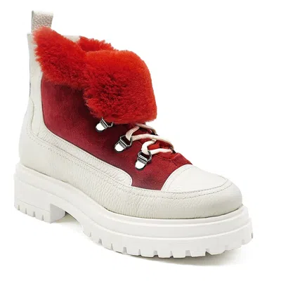 Beautiisoles By Robyn Shreiber Made In Italy Women's White / Red Francy Red Leather & Faux Fur Comfortable Ankle Hiking Valentine Bootie In White/red
