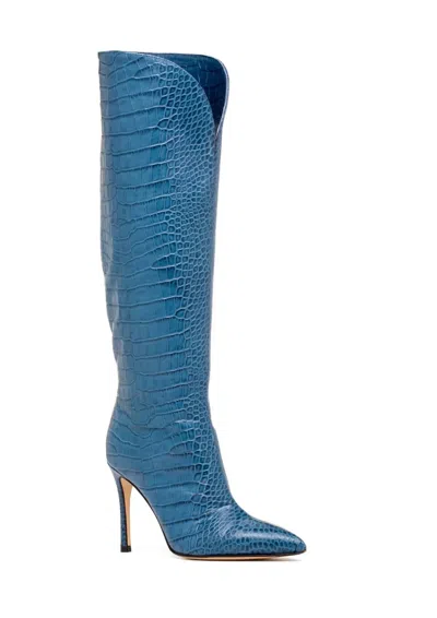 Beautiisoles By Robyn Shreiber Peyton Knee High Pointed Toe Boot In Sky Blue Crocodile In Multi