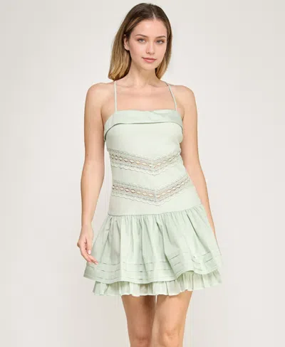 Beauty & Grace Women's Square Neck Drop-waist Rib-knit Lawn Mini Dress In Green