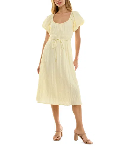 Beauty & Grace/k&k Clothing Llc Juniors' Textured Puff-sleeve Midi Dress In Pale Yellow