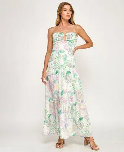 Beauty & Grace/k&k Clothing Llc Juniors' Keyhole Halter Maxi Dress In Multi