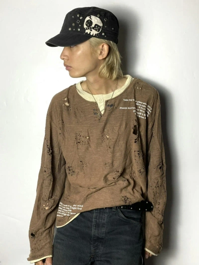 Pre-owned Beauty Beast X If Six Was Nine Distressed Longsleeve Double Layer Oasis Lyric In Brown