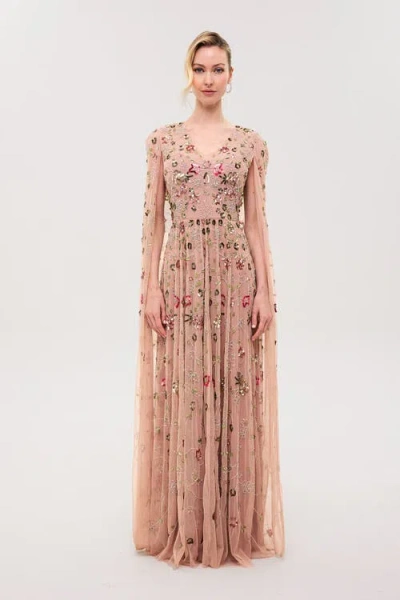 Beauut Cape Sleeves Embellished Sequin Maxi Dress In Pink