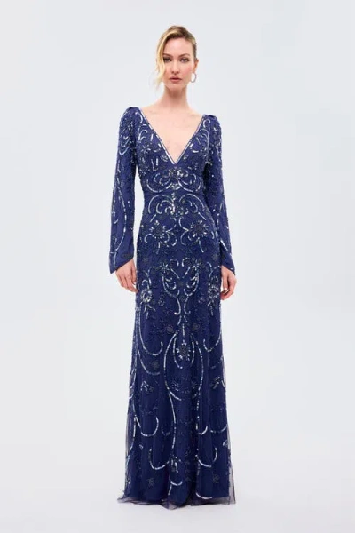 Beauut Deep Neck Embellished Sequins Maxi Dress In Blue