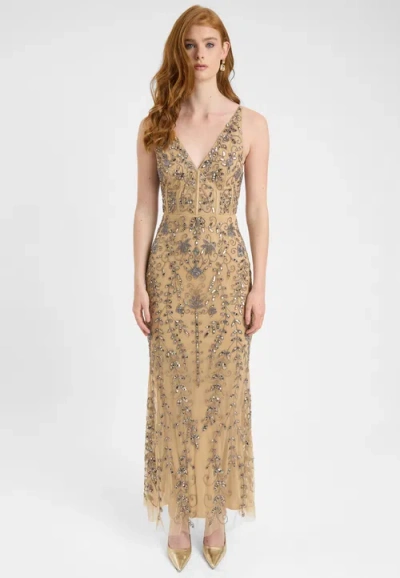 Beauut Embellished Sequin Beaded Corset Maxi Dress With Deep V-cut In Brown