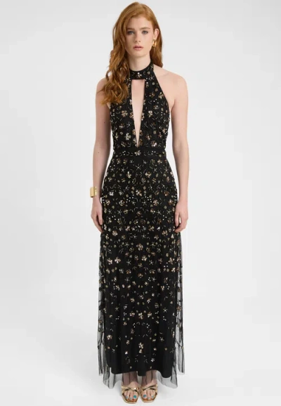 Beauut Embellished Sequin Beaded Maxi Dress With Choker-style Collar In Black