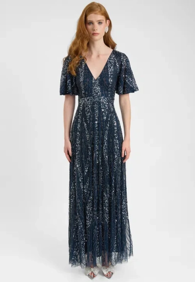 Beauut Embellished Sequin Beaded Maxi Dress With Flutter Sleeve In Blue
