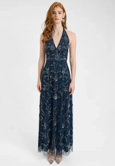 Beauut Embellished Sequin Beaded Maxi Dress With Halter Neck With Deep V-cut In Blue