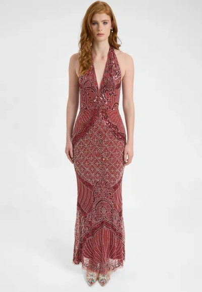 Beauut Embellished Sequin Beaded Maxi Dress With Halter Neckline And Deep V-cut Front In Brown